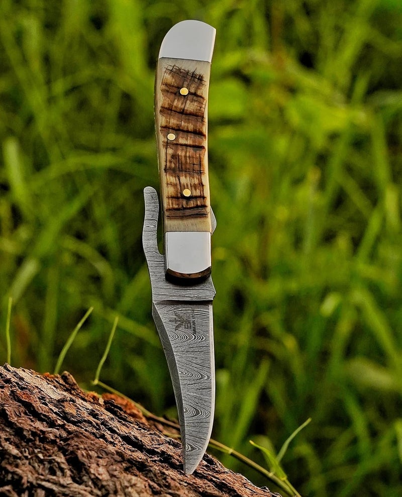 BE BREAK EDGE Handcrafted Damascus Steel Rus Lock Pocket Knife with Genuine Ram Horn Handle, Traditional Folding Blade - Image 5